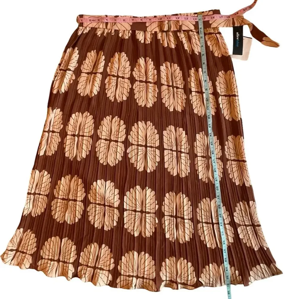 Alice Blue Boho Pleated Midi Skirt Brown Leaf Print Buckle Belt XL NWT